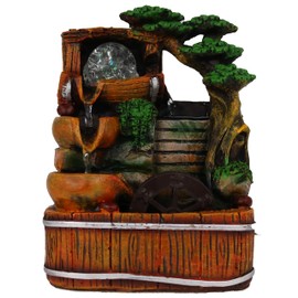 Cannan Indoor Tabletop Water Pump Fountain Poly Resin Barrel Sculpture Waterfall Tree Fountain with LED Light for Office,Home,Bedroom, Desk Decor
