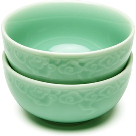 SILINE 4.5" Green Porcelain Bowls Set of 2,Genuine Longquan Celadon 9.8 Oz Rice Bowls -Classic Cyan