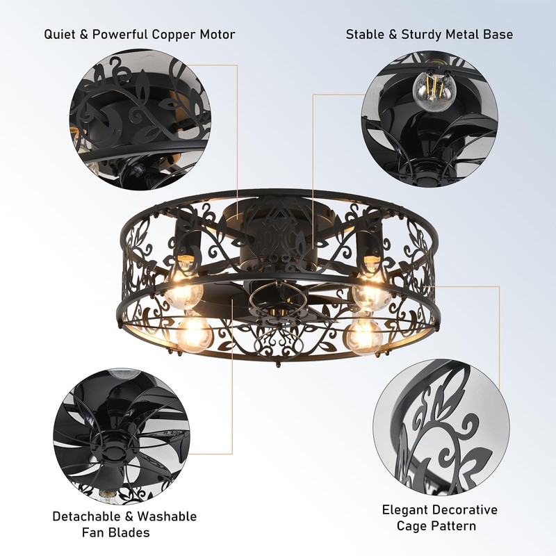 Garwarm Caged Ceiling Fan with Light,20" Ceiling Fans with Lights