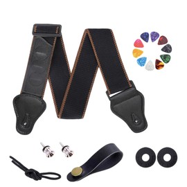 XSDSLS Gitarrengurt,längenverstellbar Baumwolle Gitarrenband mit Leder Enden Gurtschlössern Gitarrenplektren für Bass, elektrische & akustische Gitarren (Schwarz)