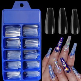 100pc Long Coffin Acrylic Art Tips Clear Ballerina Shape Press on Fake Nails Artificial Fingernail Manicure DIY Decor for Women Girls (Clear)