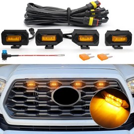 Upgraded 4PCS Grill Lights for 2020 2021 2022 2023 Toyota Tacoma Off Road and TRD Sport OEM Grill, Tacoma Grill Accessories Replacement LED Warning Lights with Fuse (Amber Light/Smoked Lens)