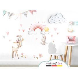 Little Deco DL715 Wall Sticker Children's Room Deer Rabbits I Wall Picture 52 x 35 cm (W x H) I Rainbow Wall Sticker Flowers Playroom Girls Room Baby Decoration