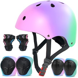Kids Bike Helmet Set Adjustable Toddler Helmet for Boys Girls Age 2-8 8-14 with Knee Elbow Pads Wrist Guards for Bike Skating Skateboard Rollerblading Scooter (m-Pink-Purple-Cyan, Small)