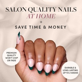 Glamnetic Press On Nails - Château | Semi-Transparent Dark Green French Tip Short Almond Fake Nails in a Glossy Finish, Salon Quality | 15 Sizes - 30 Nail Kit
