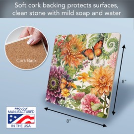 Botanica Decorative Heat Tolerant Stone Trivet with Non-Skid Cork Backing 8” Square Artistic, Durable, Easily Wipes Clean