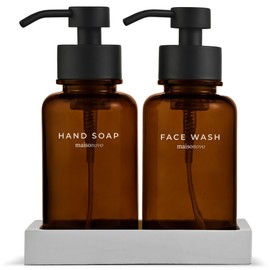 MaisoNovo Glass Foaming Soap Dispenser 14 Oz | Amber Glass Black Pumps x 2 with Tray