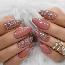 RikView Medium Press on Nails Sparkling Nails for Women Glossy Fake Nails with Glitter Design Full Cover Nails 24 PCS/Set(Pink Almond)
