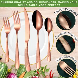 Vilihkc Hammered copper silverware sets stainless steel flatware utensil set Service for 4, rose gold cutlery spoons and forks set Tableware Essentials for Apartments