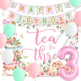 LaVenty Tea For Three Party Decorations Tea Party Decorations Tea Party Backdrop Tea Party Birthday Decorations Tea Parties Banner Floral Birthday Banner