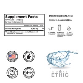 Sweat Ethic Creatine Monohydrate, 5 G Creatine Per Serving, Unflavored, Supports Training & Strength, Easily Mixes with Water or Any Beverage, No Fillers, Workout Supplement for Men & Women, 60 Srvgs