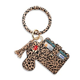 Wristlet Keychain-Cute keyrings for women-Tassel-Cardholder-Chapstick Holder-Leather Key Chain Accessories-Bracelet Car Key Ring-Gift Idea for her (Leopard Print)