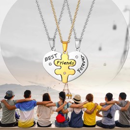 Cupimatch 3pcs Heart Puzzle Necklaces Set Stainless Steel BFF Best Friends Forever Friendship Necklaces Pendant Gift for Best Friend / Girlfriends, Stainless Steel