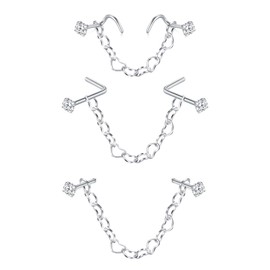 VFUN Nose Piercing 20G Clear CZ Studs with Chain Stainless Steel Nose Piercing Across Double CZ Nose Piercing Nostril Piercing