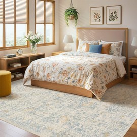 UERMEI 5x7 Area Rug Living Room Rugs - Washable Boho Vintage Floral Large Soft Non Slip Thin Rug Low Pile Carpet for Bedroom Dining Room Kids Playroom Office Decor Indoor- Light Blue