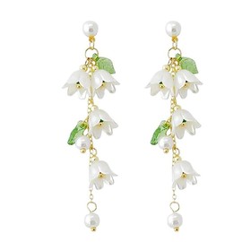 Fuvirou Flower Leaf Earring for Women White Lily Of The Valley Flower Dangle Long Tassel Earrings Summer Fairy Jewelry (White flower)