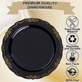 U-QE 100PCS Black Gold Plastic Plates - Heavy Duty Disposable Plates Including 50PCS 10'' Dinner & 50PCS 7.5'' Dessert Plates - Hard Plastic Plate for Party & Wedding