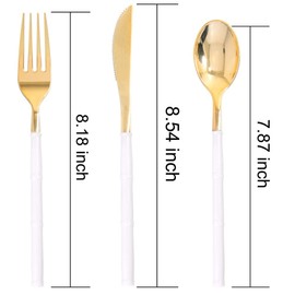 WDF 90Pieces Gold Plastic Silverware-Gold Plastic Cutlery with White Handle- Heavy Duty Plastic Christmas Silverware Include 30Forks, 30 Spoons, 30 Knives for Christmas
