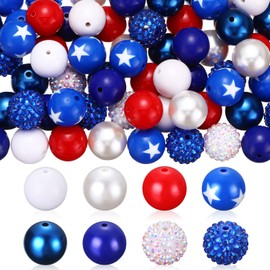 Sintuff 48 Pcs Independence Day Bubblegum Beads 20 mm Bulk 4th of July Patriotic Beads Acrylic Plastic Beads Spacer Gumball Loose Beads for Independence Day DIY Bracelet Pendant Necklace Decor