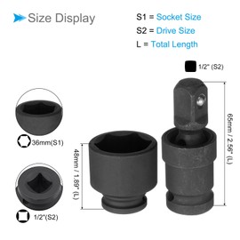 CoCud Drive Impact Socket, 36mm Socket 1/2" Drive CR-MO 6-Point with 1/2" Universal Joint Swivel Socket Adapter - (Applications: for Electric Hand Drill Screwdriver)