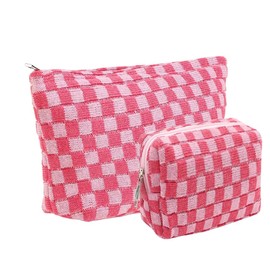2 Pieces Makeup Bag Pouch, Large Checkered Cosmetic Bag Travel Toiletry Bag Organizer Cute Cosmetic Pouch Makeup Case Makeup Brushes Aesthetic Accessories Storage Bag for Women (Large+Mini Pink)