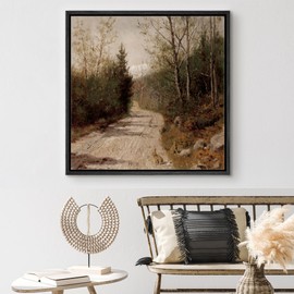 MUDECOR Framed Canvas Print Wall Art Sunlit Forest Path with Rabbits Nostalgic Nature Illustrations Realism Decorative Scenic Panoramic Earth for Living Room, Bedroom, Office - 24"x24" BLACK