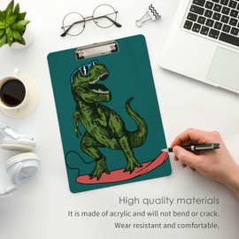 Dinosaur Green Skateboard Cool Clipboard Clear Plastic Heavy Duty Cute A4 Notepad Clips Writing Hardboard Office Students Kids 12.5" x 9",Waterproof
