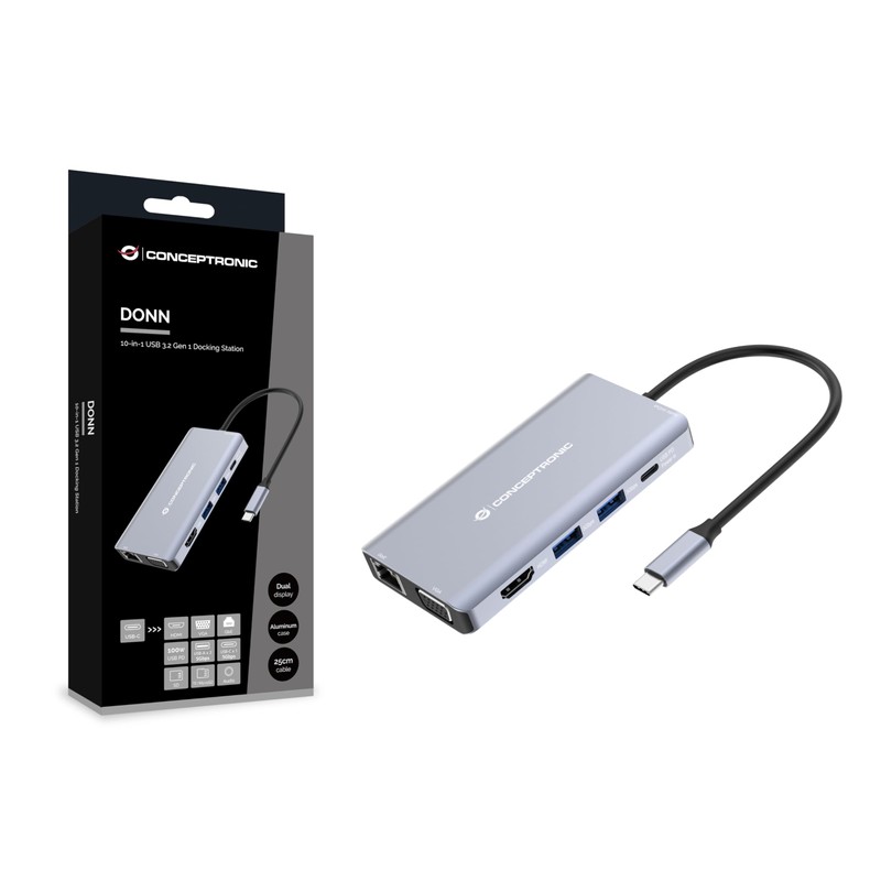 CONCEPTRONIC Docking Station USB-C->HDMI, USB3.0, 100WPD 10-in-1, 0.2 m, Black