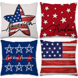 GEEORY 4th of July Decorations Pillow Covers 16x16 Set of 4 America Flag Stars and Stripes God Bless America Throw Pillow Covers Patriotic Pillows Memorial Day Decor Cushion Case