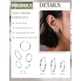 Chriscoco 3/4 Pairs of Hoop Earrings, Silver 925 Hoop Earrings, Gold Hypoallergenic Hoop Earrings, 14K Gold-Plated Earrings, Women's Lightweight Earrings, Silver 925 Hoop Earrings, Silver, No Gemstone