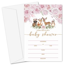 Yuansail Pink Floral Woodland Animals Baby Shower Invitation Cards, Fill In Invites Cards, 25 Pcs 4x6 Inches Cards And Envelopes -04