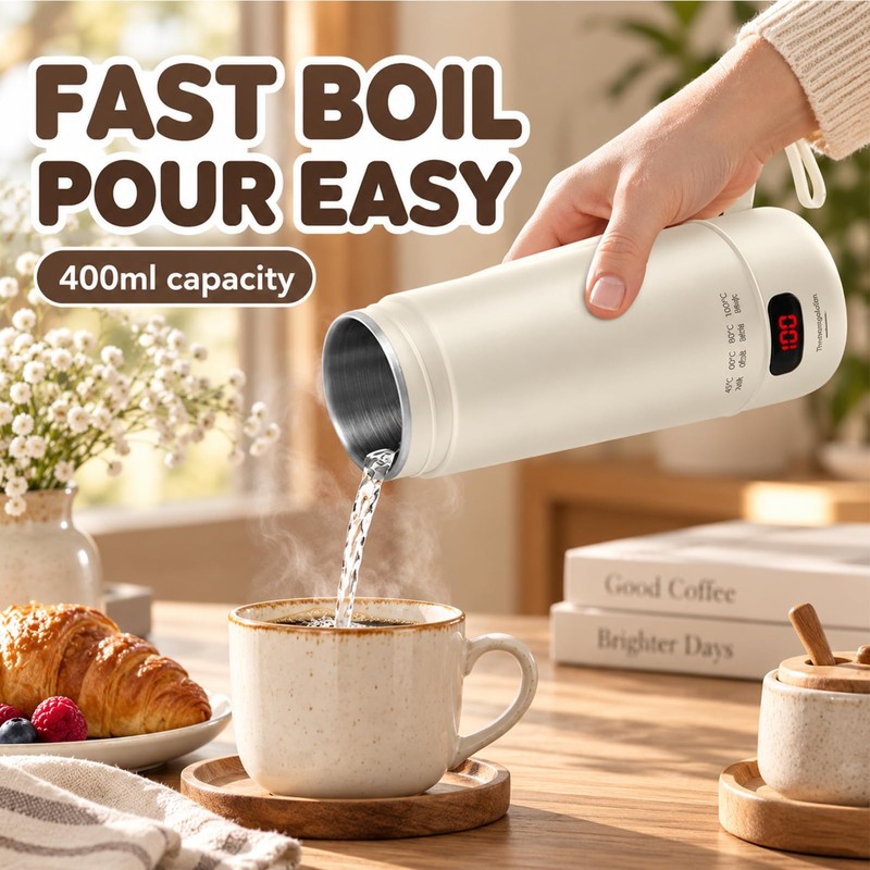 Portable Mini Travel Kettle 400ml with Keep Warm Function, Cream