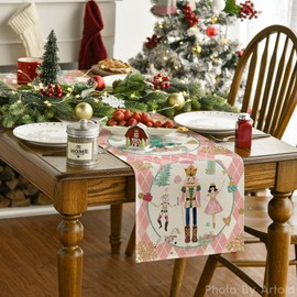 Artoid Mode Pink Diamond Plaid Nutcracker Snowflake Christmas Table Runner, Seasonal Winter Kitchen Dining Table Decoration for Home Party Decor 13x48 Inch