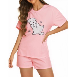 KFUBUO Women 2 Piece Pajamas Set Cute Summer Pj Short Sleeve and Shorts Matching Sleepwear