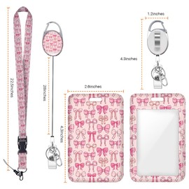 Pink Bow ID Badge Holder Badge Reel Lanyards for ID Badges Work Vertical Protector Retractable Carabiner Clips Heavy Duty Key Lanyard for Women Girls Teacher Singer Dancer Accountant Office Gifts