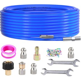100FT Sewer Jetter Kit for Pressure Washer, 5800PSI Pressure Washer Hose, Orifice 4.0, 4.5, 5.5 Button Nose Pressure Washer Drain Jetter, Rotating Nozzle SewerJetter Kit