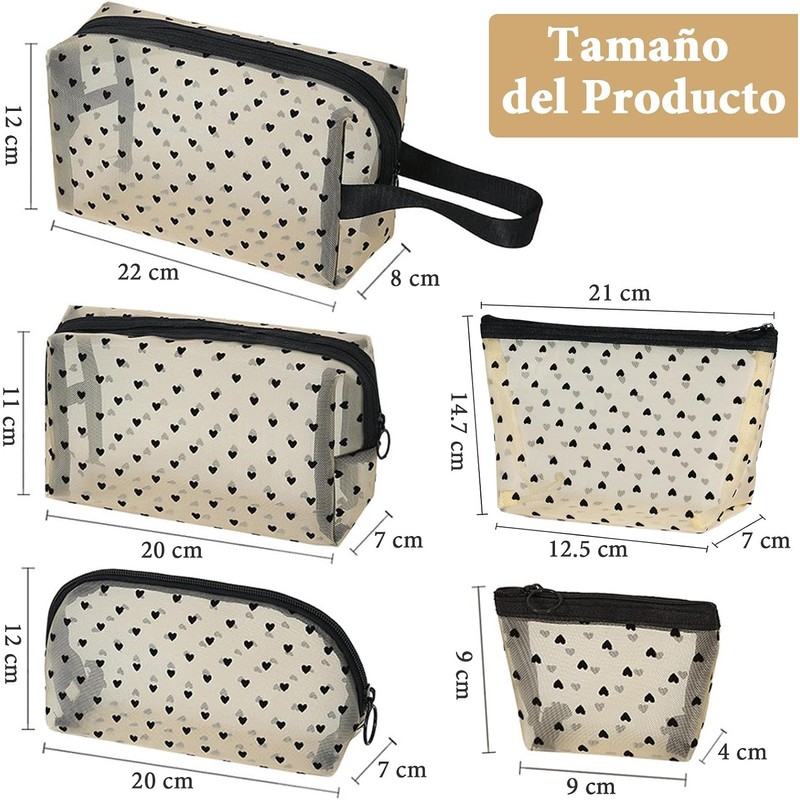 Set 5 Bolsas de Malla Transparente con Estampado Corazón, Neceser