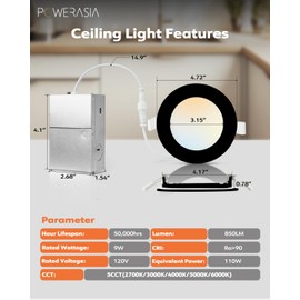 12 Pack Recessed Lighting 4 Inch with Junction Box, 5CCT 4 Inch Black LED Recessed Lights Dimmable 2700K/3000K/4000K/5000K/6000K, 9W 700lm Ultra Thin Recessed Lighting - ETL and Energy Star Certified