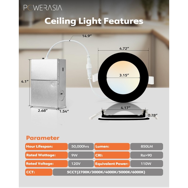 12 Pack Recessed Lighting 4 Inch with Junction Box, 5CCT