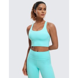 CRZ YOGA Strappy Longline Sports Bras for Women - Wirefree Padded Criss Cross Yoga Cropped Tank Tops Turquoise Medium