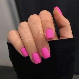 Matte Neon Pink Press on Nails Short Square, Short Fake Nails Glue on Short Square Nails Press ons, Soft Gel Glue on Nails Short Stick on Nails for Women Thick Reusable Solid Color Acrylic Nails 24pcs