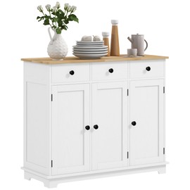 HOMCOM Sideboard with Solid Wood Countertop, Modern Kitchen Storage Cabinet, Coffee Bar Cabinet with 3 Drawers, Doors and Adjustable Shelf, White