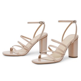 OPIRRTOY Women's Nude Heels: Square Open Toe, Ankle Strap, Chunky Heels, Size 8