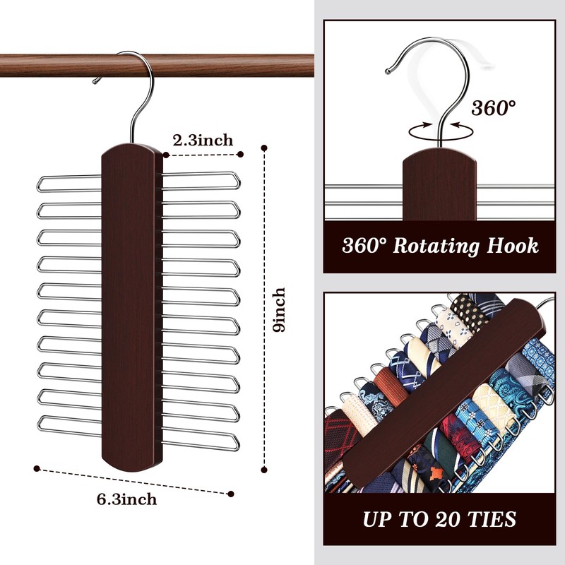 2 Pack Tie Rack for Closet, Premium Wooden Necktie Organizer