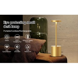 EPQDJZK Rechargeable Cordless Table Lamp,LED Battery Operated Desk Lamp Outdoor Portable 5000mAh Powered 3 Level Brightness Dimmable Light for Patio Restaurant Dining Home 2Pack Gold