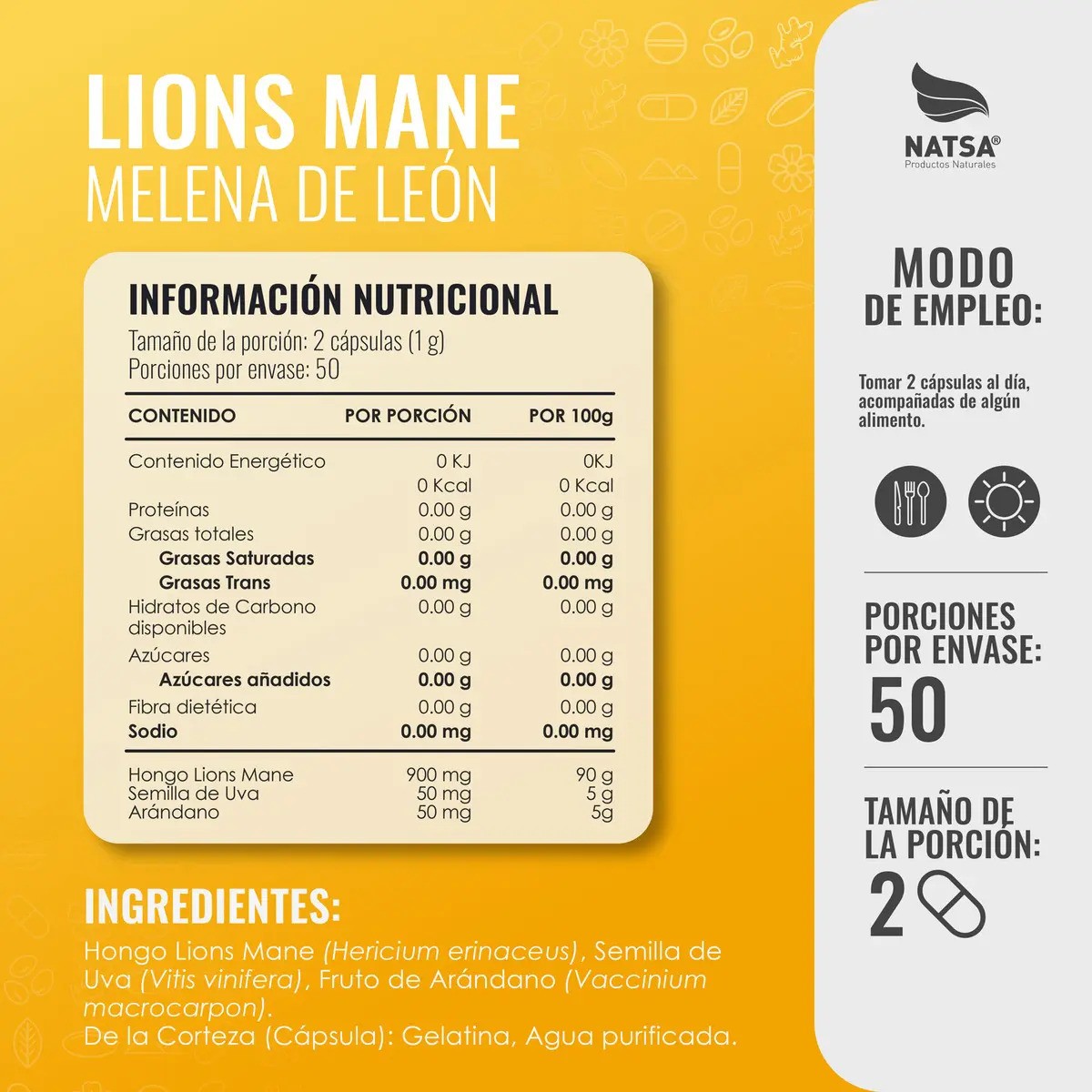 NATSA Hongo Melena De Leon  Lions Mane 100 Cápsulas, Adaptógeno, Calidad Premium