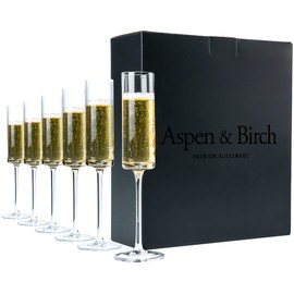 Aspen & Birch - Modern Champagne Flutes Set of 6 - Champagne Glasses - Mimosa Glasses, Crystal Stemware, Clear, 6 oz, Hand Blown Glass Champagne Flutes - Hand Crafted by Artisans