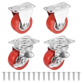 PATIKIL 1.5" Rigid Caster Wheels 2Pcs and Swivel Caster with Brake 2Pcs, Silent Plate Casters with M4 Screw Load Capacity 110Lbs for Furniture Workbench Cart Trolley, Red