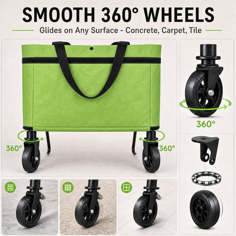 Foldable Shopping Bag with Wheels, 2-in-1 Foldable Shopping Cart, Ultra-Light