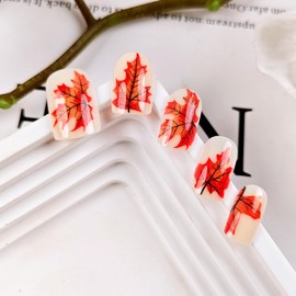Fall Press on Nails Medium Square Fake Nails with Glitter Maple Leaves Design Milky White Glossy Acrylic False Nails Autumn Leaf Stick on Nail Reusable Gel Glue on Nail for Women 24Pcs
